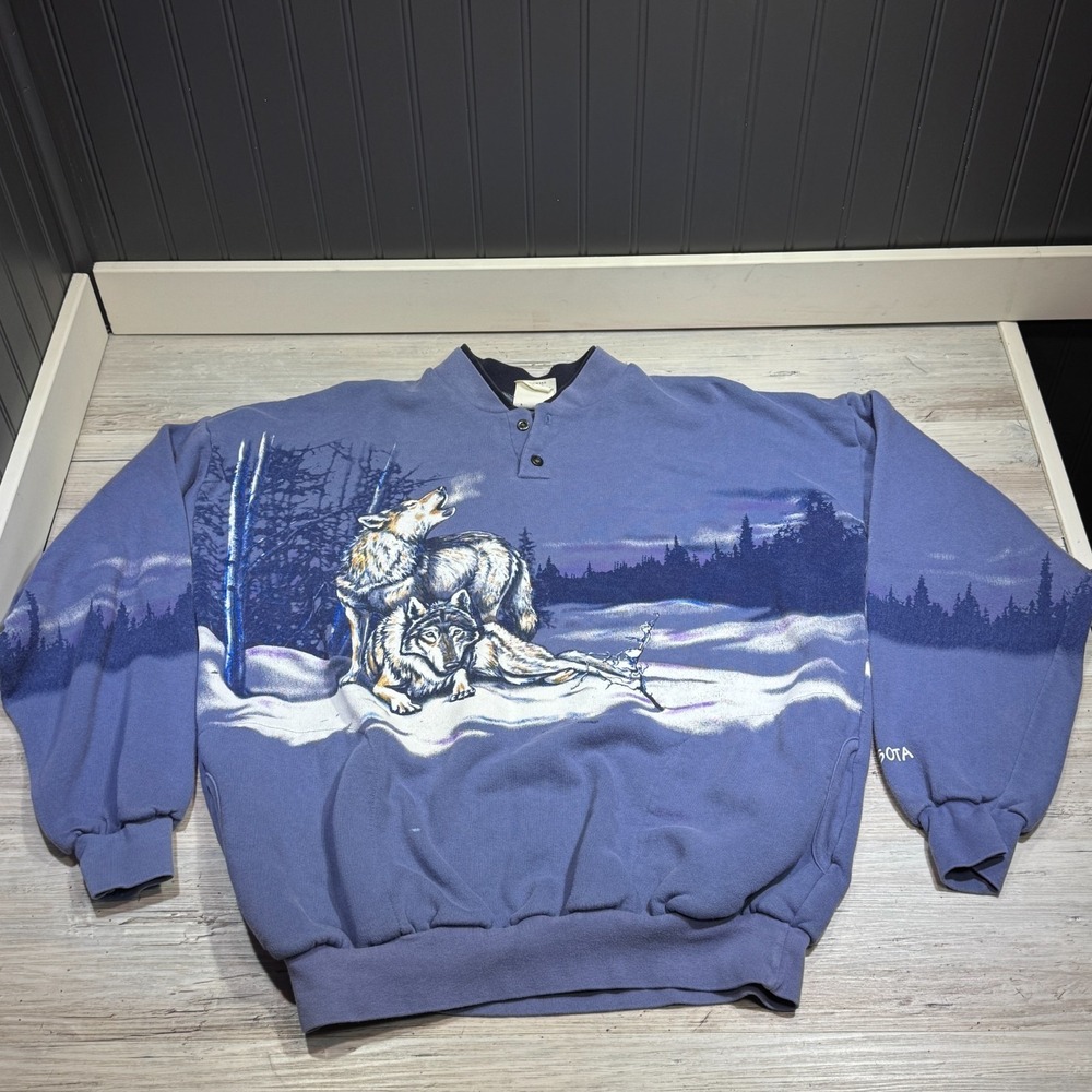 Vintage Art Unlimited Henley Sweatshirt Sz XL Wolf MN 90's Nature USA Made